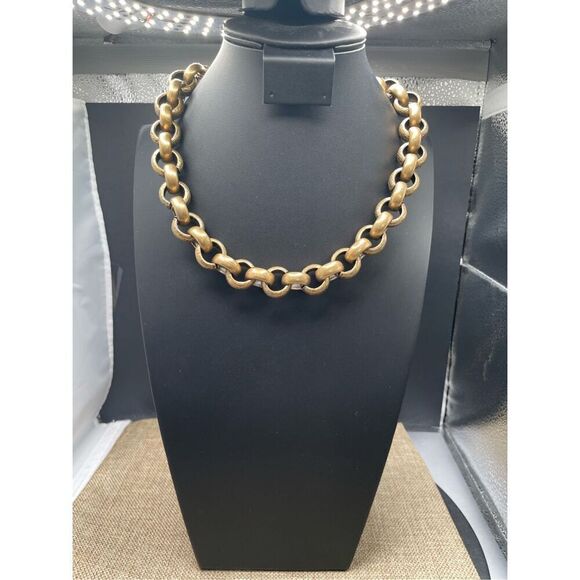 Chico’s Large Chain Link Necklace Brushed Gold Tone Logo Tag - Picture 9 of 9